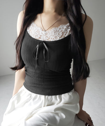 【 ３color ／ カップ付き 】フロントリボンレースドッキングキャミソール ／front ribbon lace docking camisole