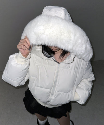 【 フード取り外し可能２ＷＡＹ 】フェイクファーフードショート中綿ジャケット ／ 2WAY fake fur hoodie short fake down jacket