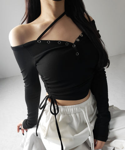 【 ２WAY ／ 裏起毛 】ナナメストラップスナップボタンシャーリングリボントップス ／ naname strap snap button shirring ribbon tops