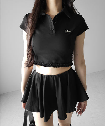 【 セットアップ 】ロゴプレート半袖トップス＋フレアミニスカパン SET ／( SETUP ) logo plate short sleeve tops + flared mini skirt pants