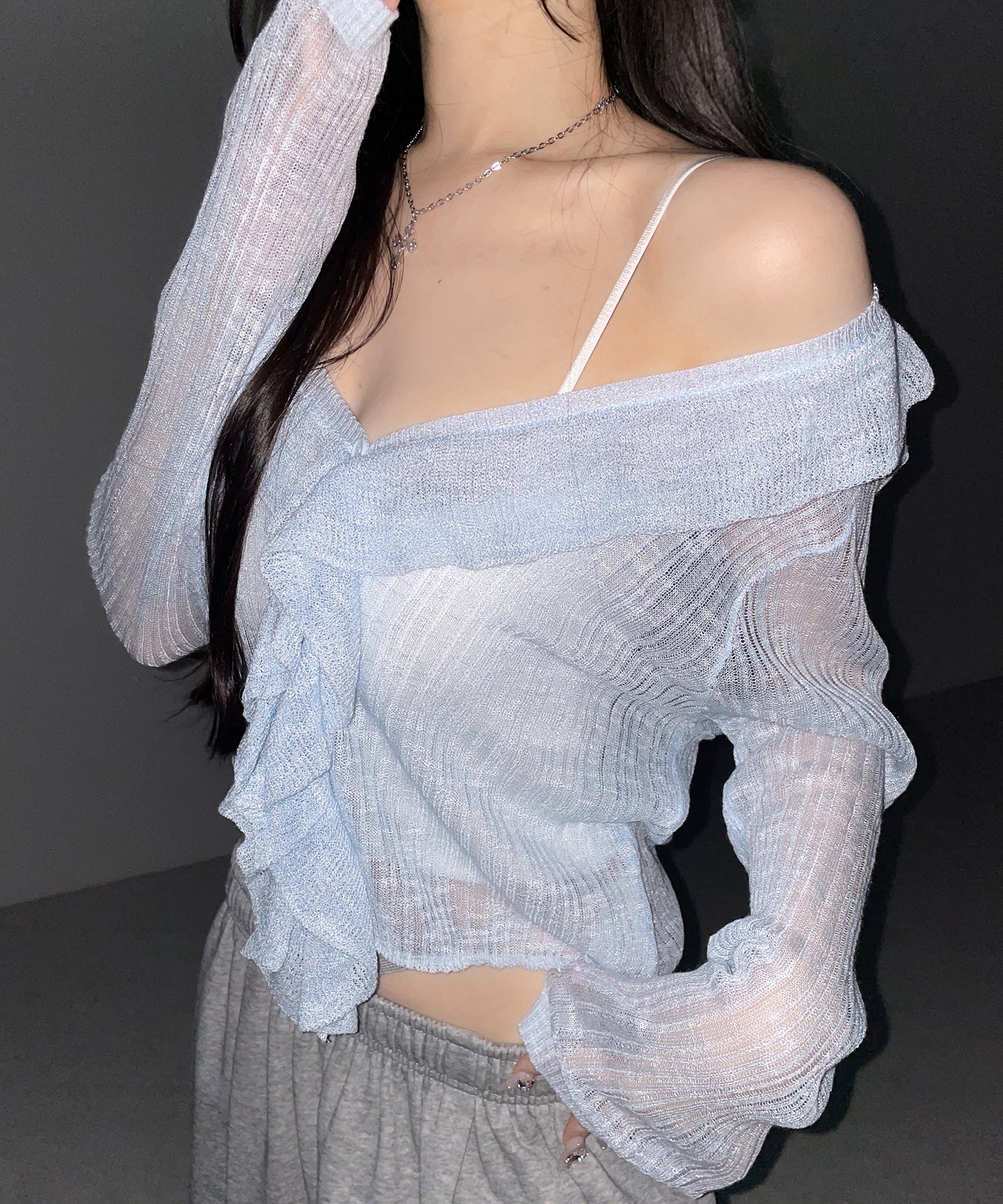 フリルシアールーズニットカーディガン ／ frill sheer loose knit cardigan