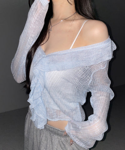 フリルシアールーズニットカーディガン ／ frill sheer loose knit cardigan