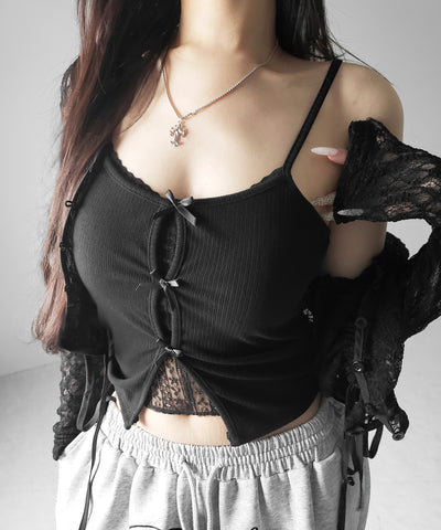 フロントリボンレースレイヤードリブキャミソール ／Front ribbon lace layered ribbed camisole
