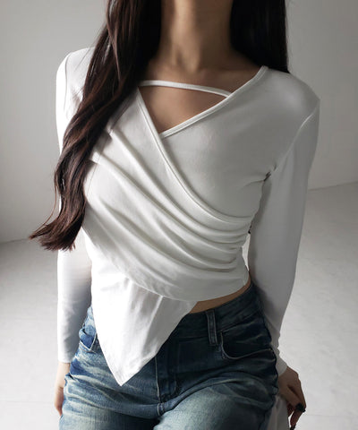 【 ３color 】ラインストラップギャザークロスレイヤードトップス ／ line strap gather cross layered Tops