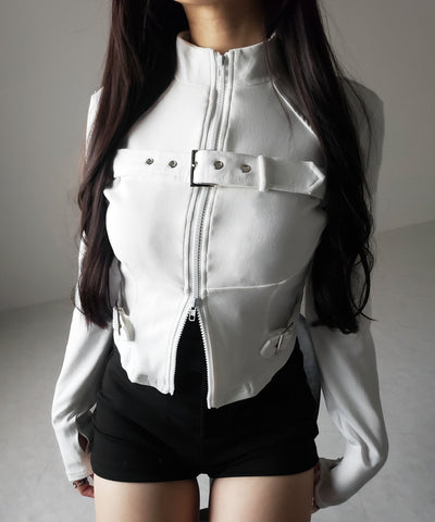 スタンドカラーベルテッドダブルジップスリムトップス ／ stand collar belted double zip slim tops