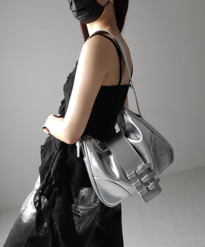 【 ３color 】ベルテッドフェイクレザーショルダーバッグ ／ belted fake leather shoulder bag