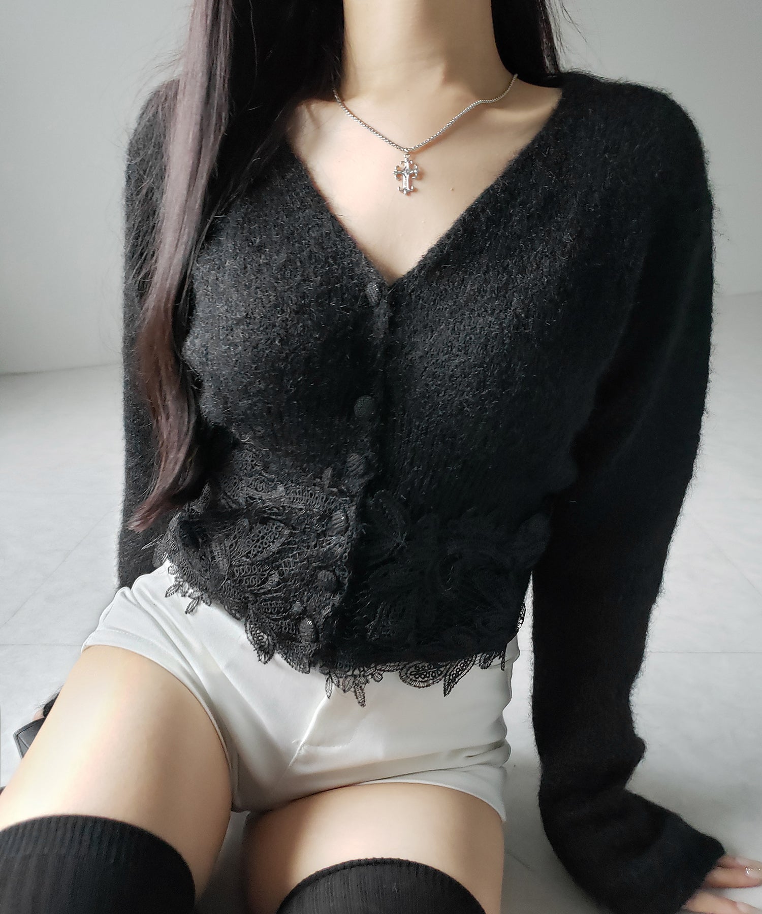 レースドッキングモヘアライクニットカーディガン ／ Lace docking mohair-like knit cardigan
