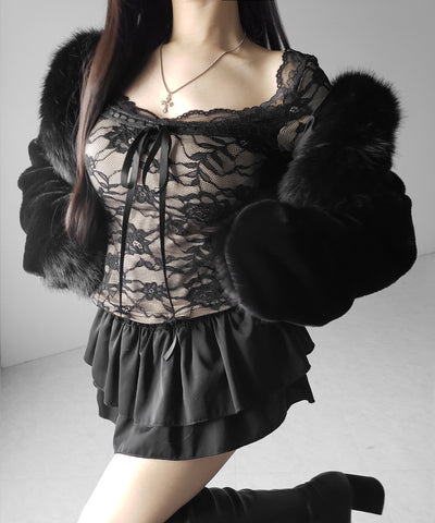 【 裏起毛 】フロントリボンレースレイヤードスクエアネックトップス ／ urakimo front ribbon lace layered square neck