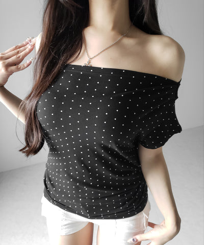 オフショルタックドレープドットＴシャツ ／ off shoulder tack drape shortsleeve dot T-shirts