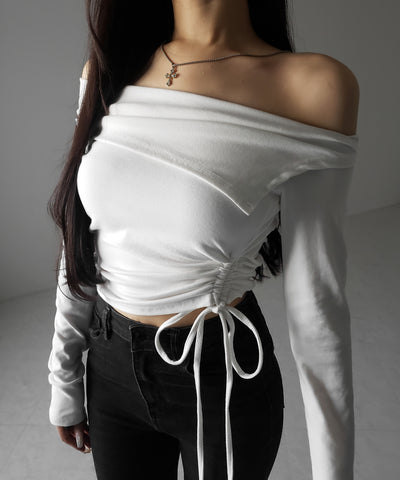 シャーリングリボンショートオフショルカットソートップス ／ shirring ribbon short off shoulder cutsew tops