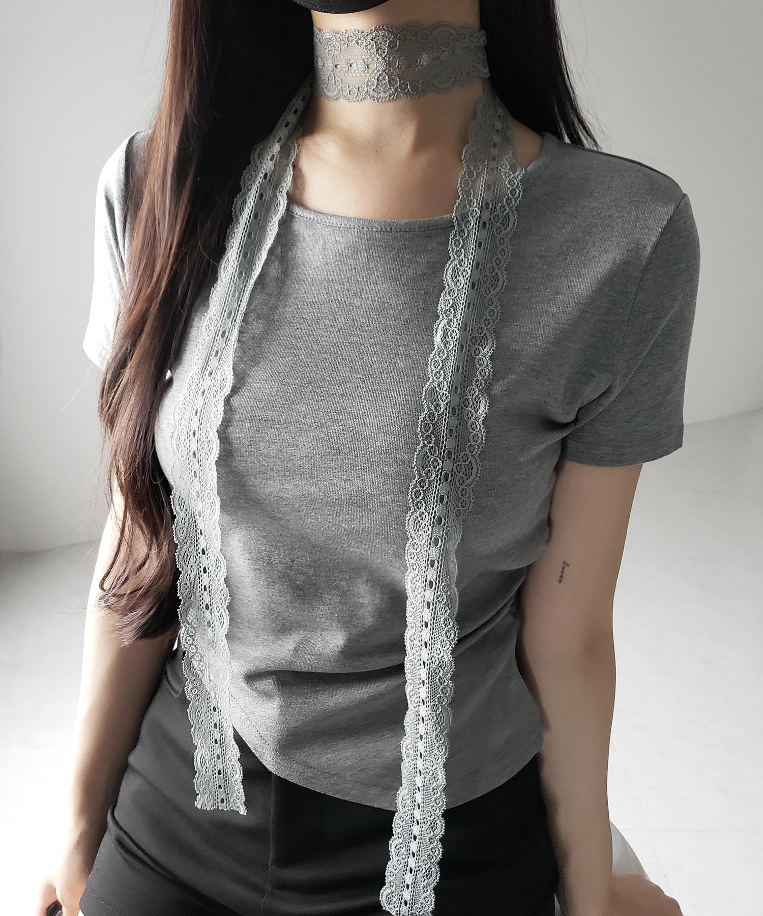 【 ３color 】レースチョーカーロングタイ付き半袖Ｔシャツ ／　lace choker long tie set short sleeve T-shirt