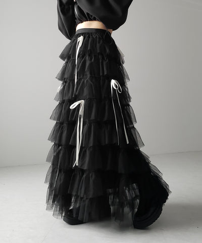 【 ４color 】ストラップリボンバレエコアチュールスカート ／strap ribbon ballet core tulle skirt