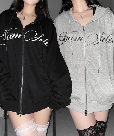 【 セットアップ可能 】レタリングロゴプリントダブルジップビッグパーカー ／ lettering logo print double zip BIG hoodie