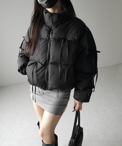 【 選べる３色展開 ／ 裾絞り可能２WAY 】ストラップリボンショートパフダウンジャケット ／ strap ribbon short puff down jacket