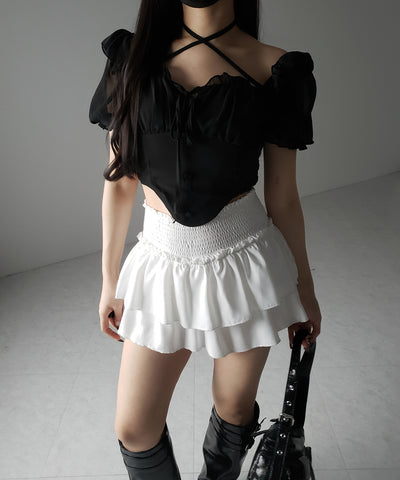【 ２color ／ ２WAY 】フロントリボンクロスネック半袖シフォンブラウス ／ front ribbon cross neck short sleeve chiffon blouse
