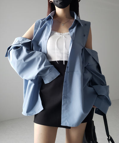 【 ３color 】オープンショルダーカットアウトビッグシャツ ／ open shoulder cutout big shirt
