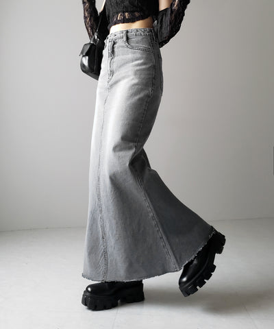 【 ３size 】深スリットダメージデニムロングマーメイドスカート ／ deep slit damage denim long mermaid skirt