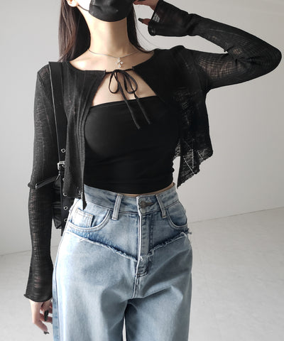 【 ２color 】フロントリボンシアーニットショートカーディガン ／ front ribbon sheer knit short cardigan