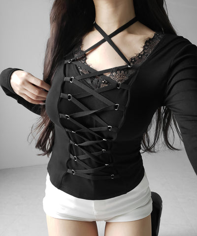 【 クロスネックにできる２WAY 】フロントリボンレースアップスリムカットソートップス ／ 2WAY front ribbon lace up slim cutsew tops