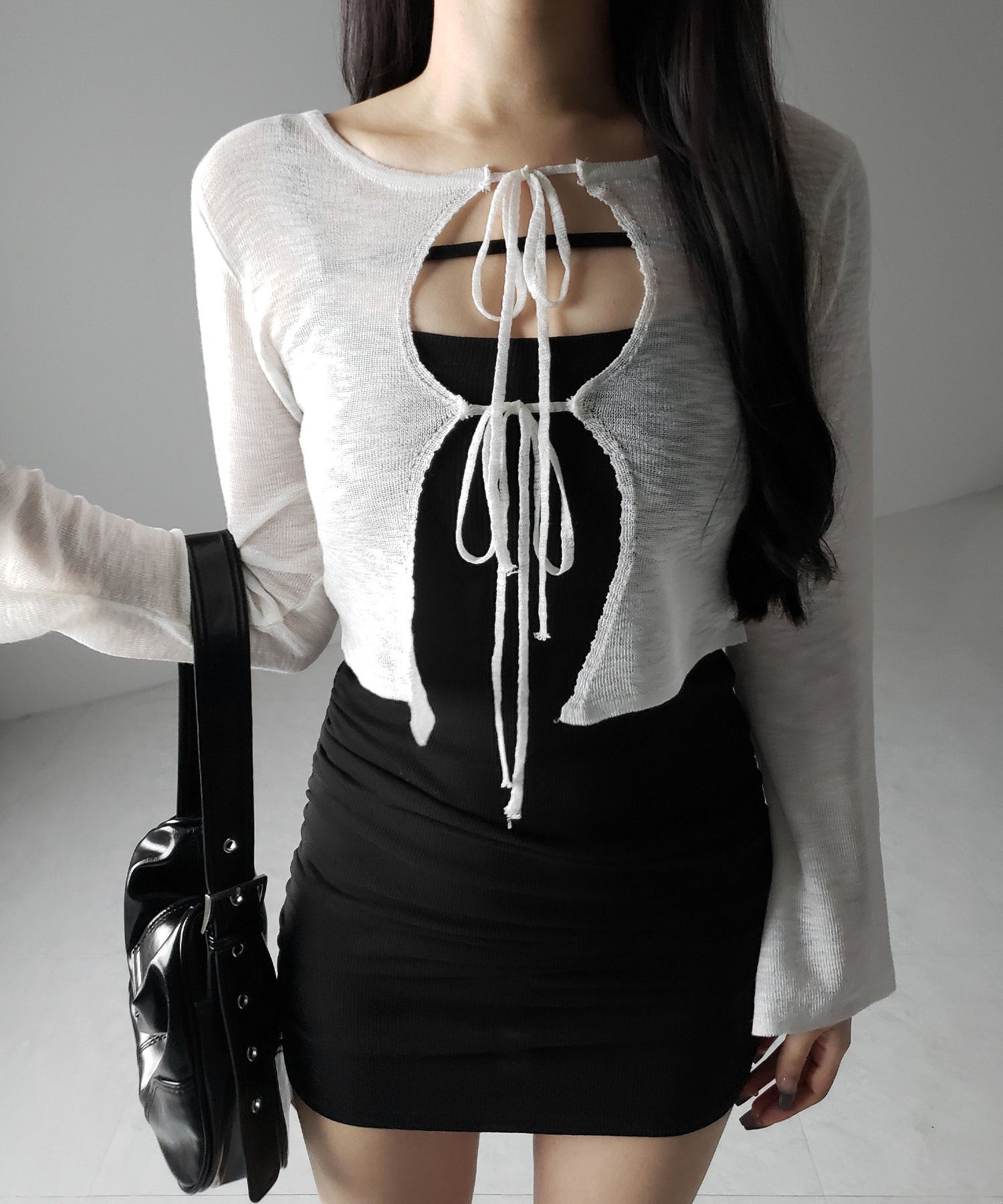 【 ２color 】ダブルリボンシアーニットショートカーディガン ／ double ribbon sheer knit short cardigan