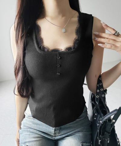 【 ２color 】スクエアネックレースニットタンクトップ ／square neck lace knit tank top
