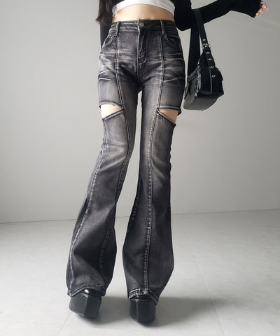 【 ２color ／ ３size 】カットアウトヴィンテージストレッチフレアデニム ／ cutout vintage stretch flare denim