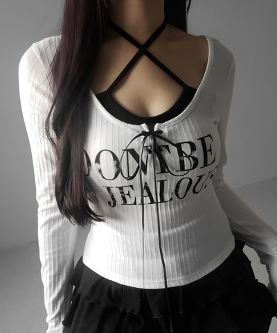 【 クロスネックにできる２WAY 】レースアップフェイクレイヤードロゴカットソートップス ／ laceup fake layered logo cutsew tops