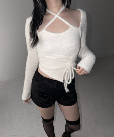 【 ３color 】クロスネックシャーリングリボンシャギートップス ／ cross neck shirring ribbon shaggy tops