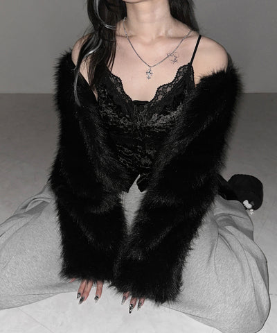 フロントボタンレースベロアショートキャミソール ／ front button lace velor short camisole