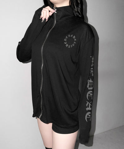 グランジロゴスタンドジップアップオーバーシアートップス ／ grunge logo stand zipup over sheer tops