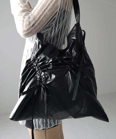 【 ２color 】シャーリングリボンメタリックトートバッグ ／ shirring ribbon metallic tote bag