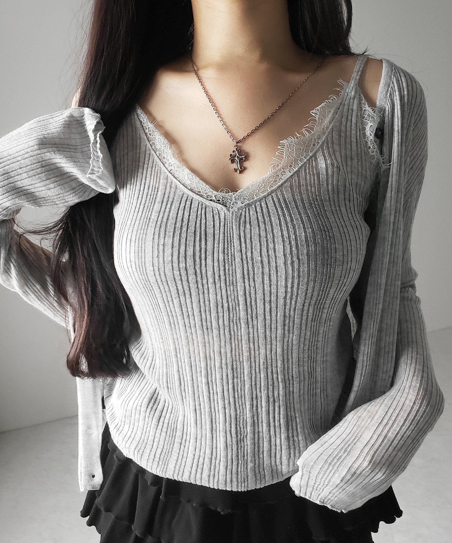 【 ２点セット 】レースニットキャミソール ＋ シアーニットカーディガン SET ／ lace knit camisole + sheer knit cardigan SET