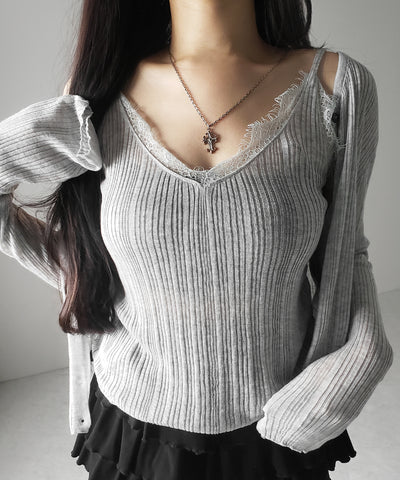 【 ２点セット 】レースニットキャミソール ＋ シアーニットカーディガン SET ／ lace knit camisole + sheer knit cardigan SET