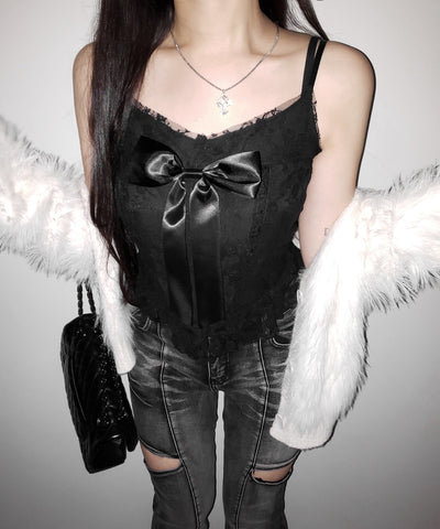フロントサテンリボンレースキャミビスチェ ／ front satin ribbon lace cami bustier