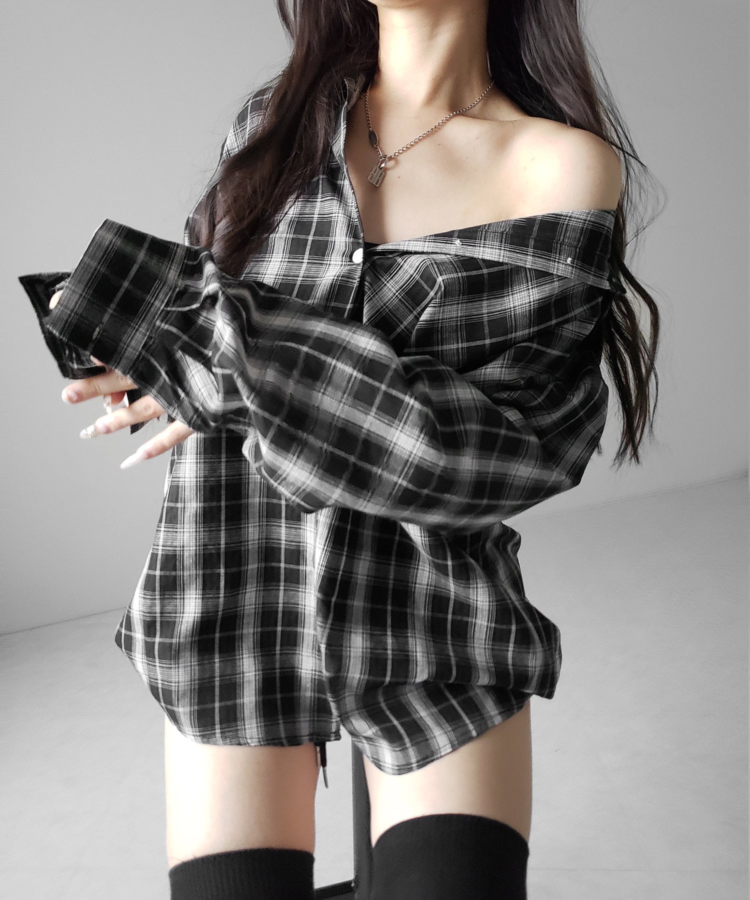 ビッグシルエットブラックシアーチェックシャツ ／ big silhouette black sheer check shirt