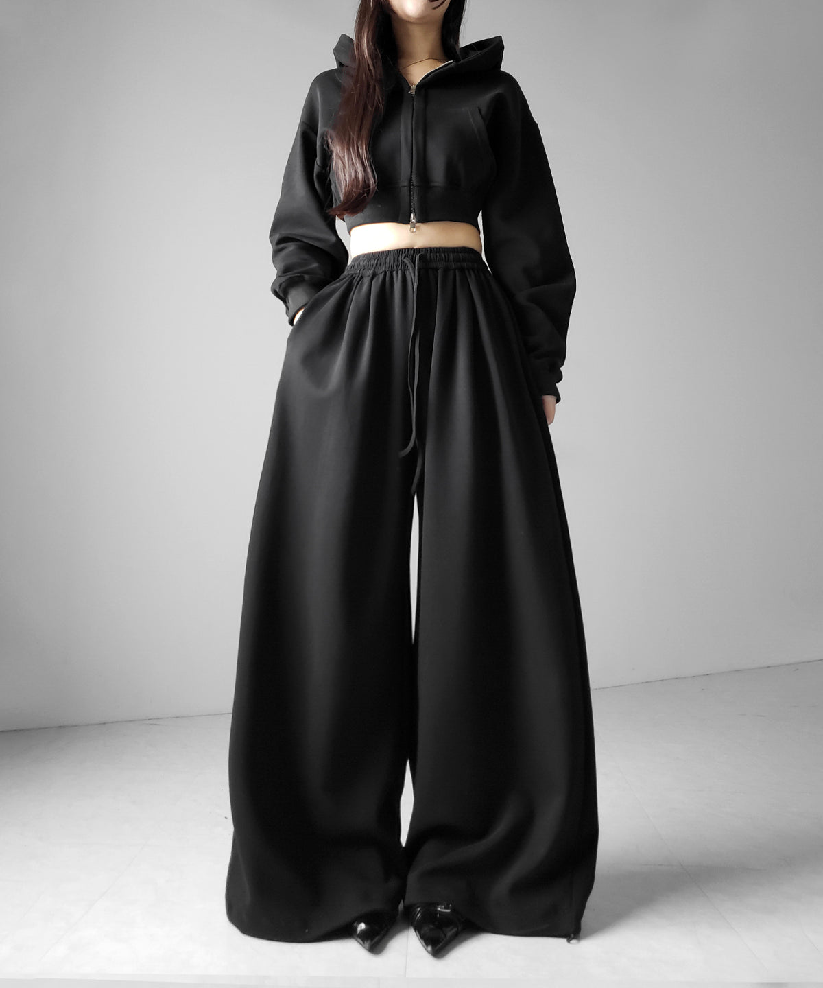 【 セットアップ 】ダブルジップショートパーカー ＋ タックワイドスウェットパンツ SET ／ double zip short hoodie + tuck wide sweat pants SET