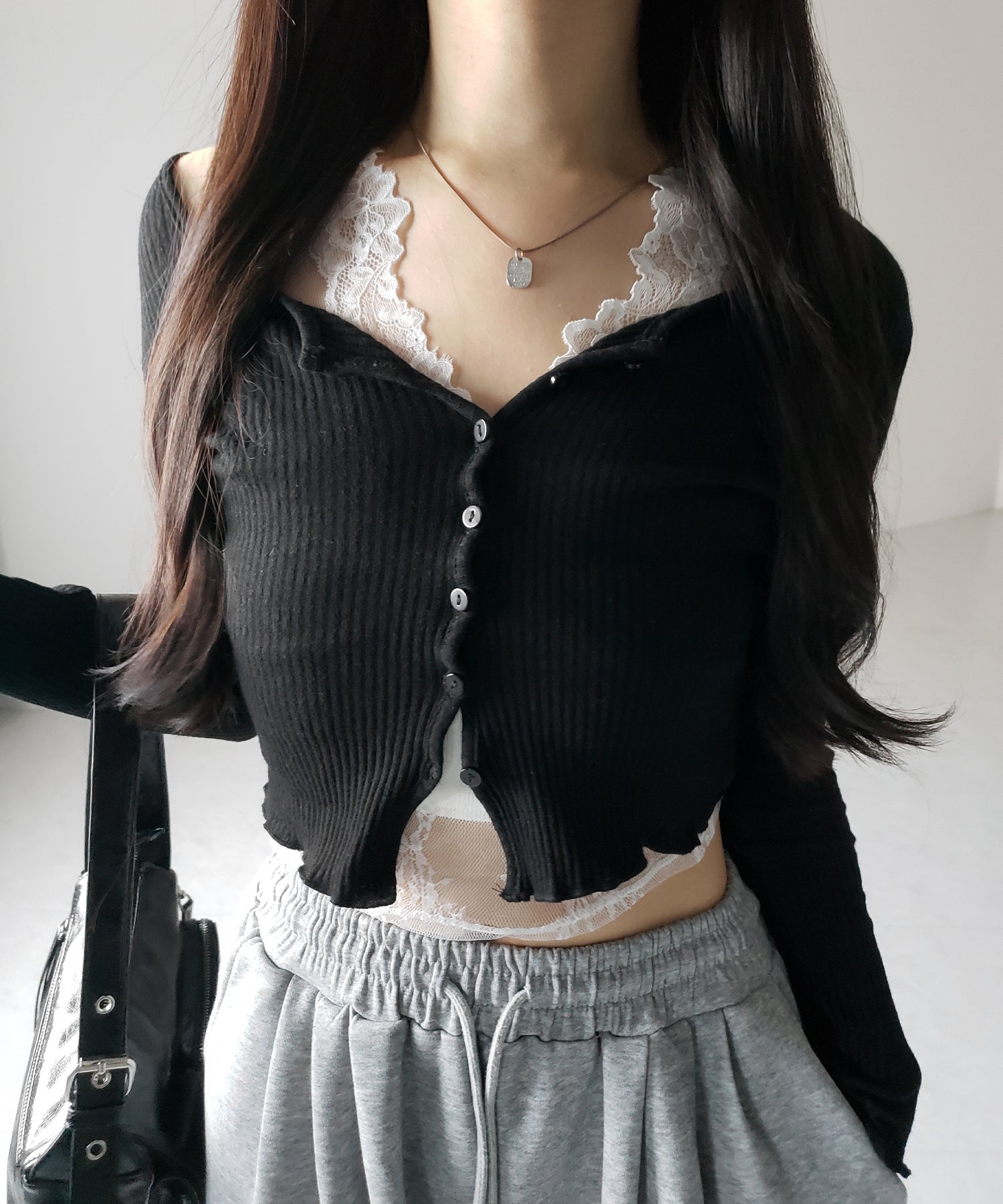 【 ２点セット 】レイヤードレースシアーリブカットソーカーディガン ／ layered lace sheer rib cut and sew cardigan