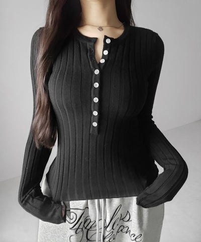 スリムフィットヘンリーネックリブトップス ／ slim fit henley neck ribbed tops