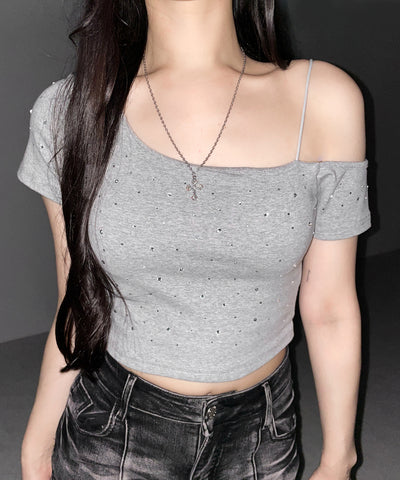 ラインストーンワンショルダーショートTシャツ ／ Rhine stone one shoulder short T-shirts