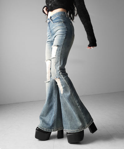 クラッシュダメージヴィンテージフレアデニム ／ crush damage vintage flare denim