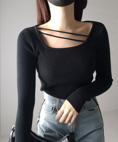 【 ３color 】２ストラップスクエアネックリブニット