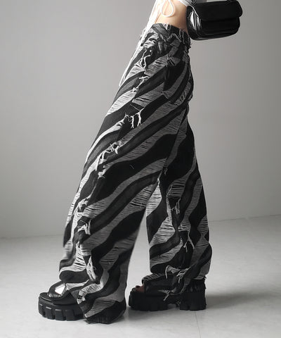 【 ２color ／ ４size 】バイカラーカットフリンジダメージワイドデニム ／ bicolor cut fringe damaged wide denim
