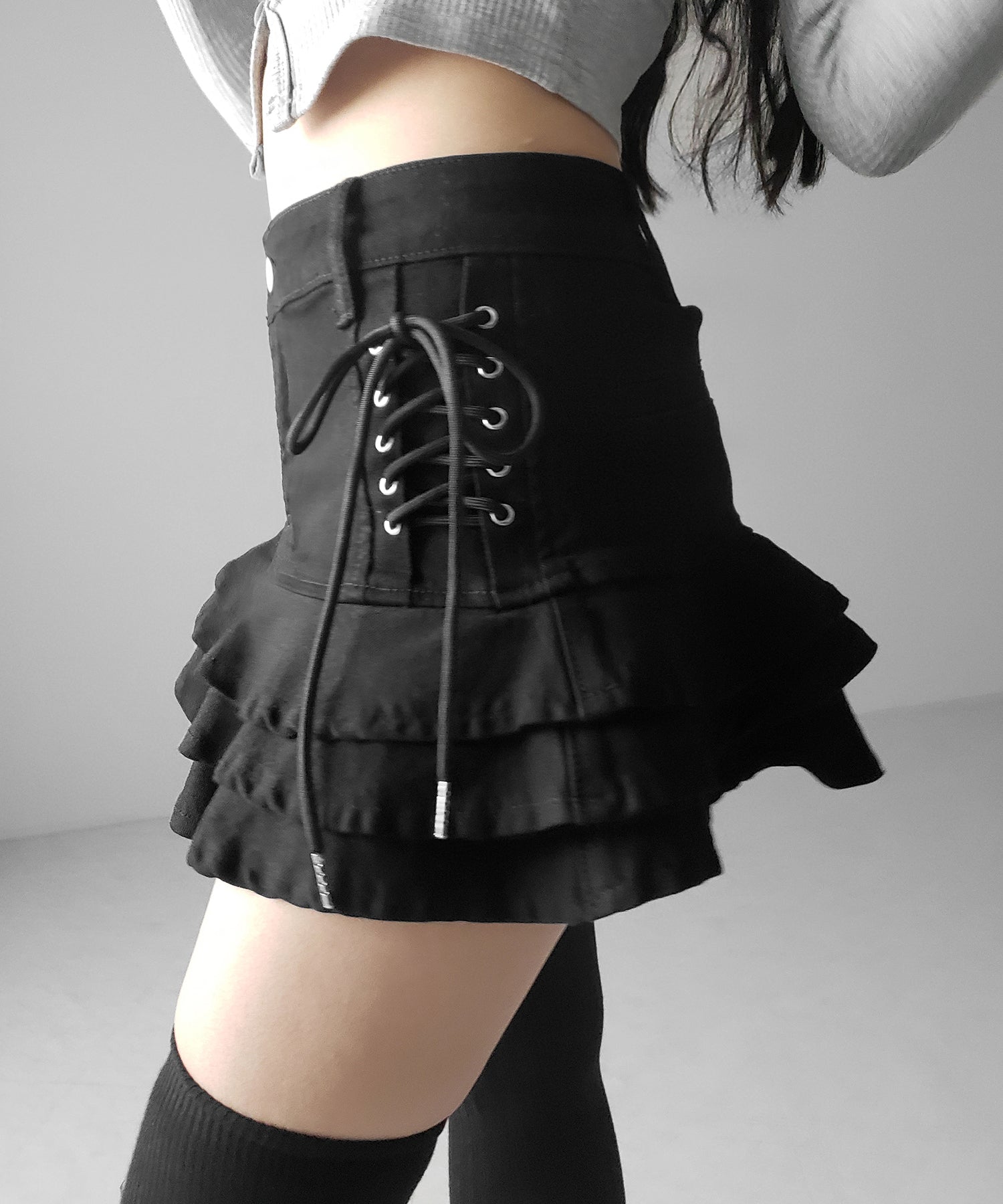 【 インパン裏地付 】レースアップブラックフリルミニスカート ／ laceup black frill mini skirt