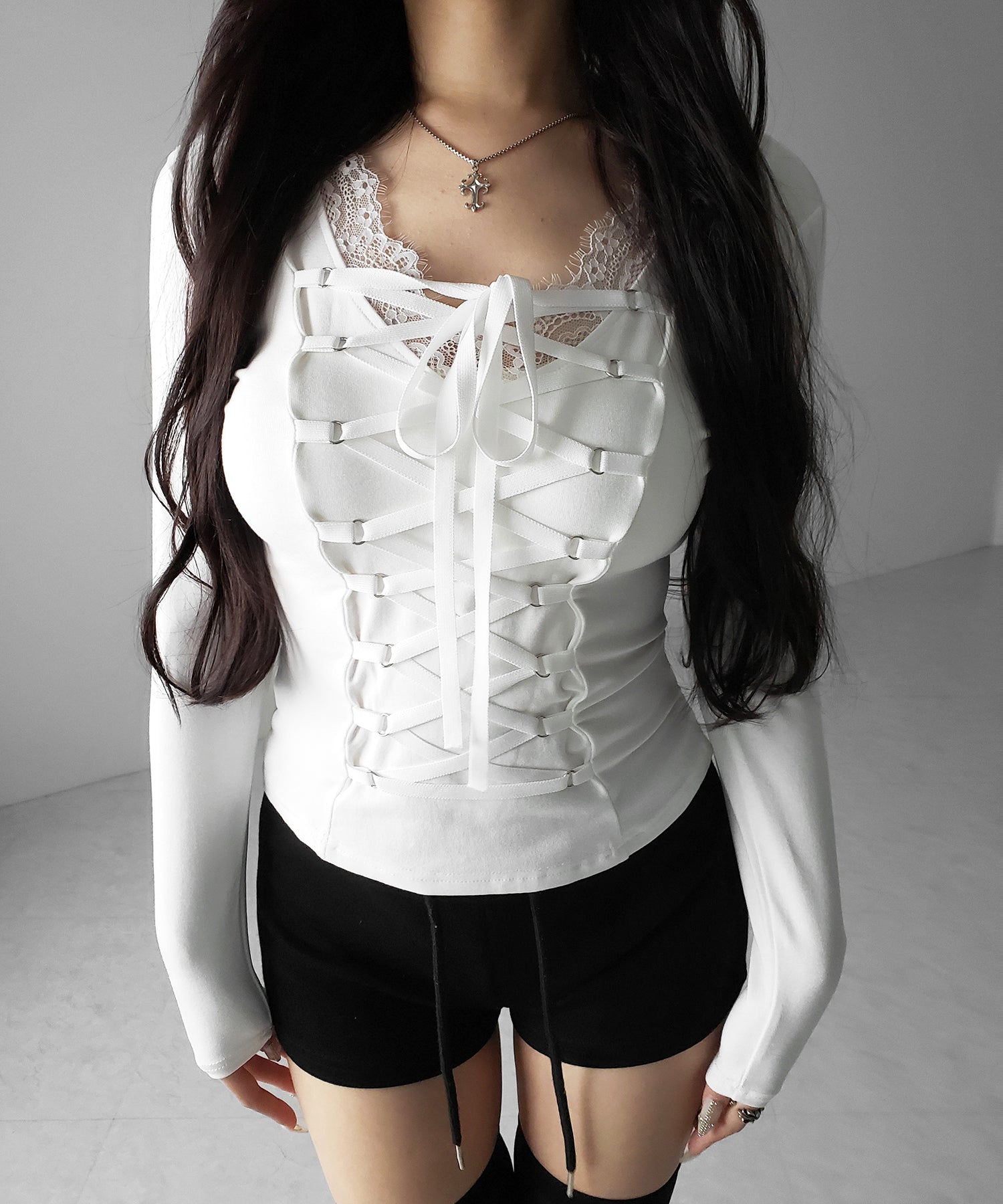 カットソー(長袖/七分) melt the lady lace up layered corset Melt the lady メルトザレディ レースアップレイヤードコルセット