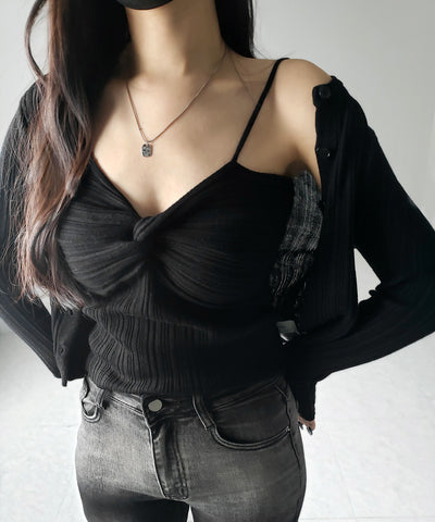 【 2点セット 】ツイストリブニットキャミソール ＋シアーリブショートカーディガン SET ／ twisted rib knit camisole + sheer rib short cardigan SET