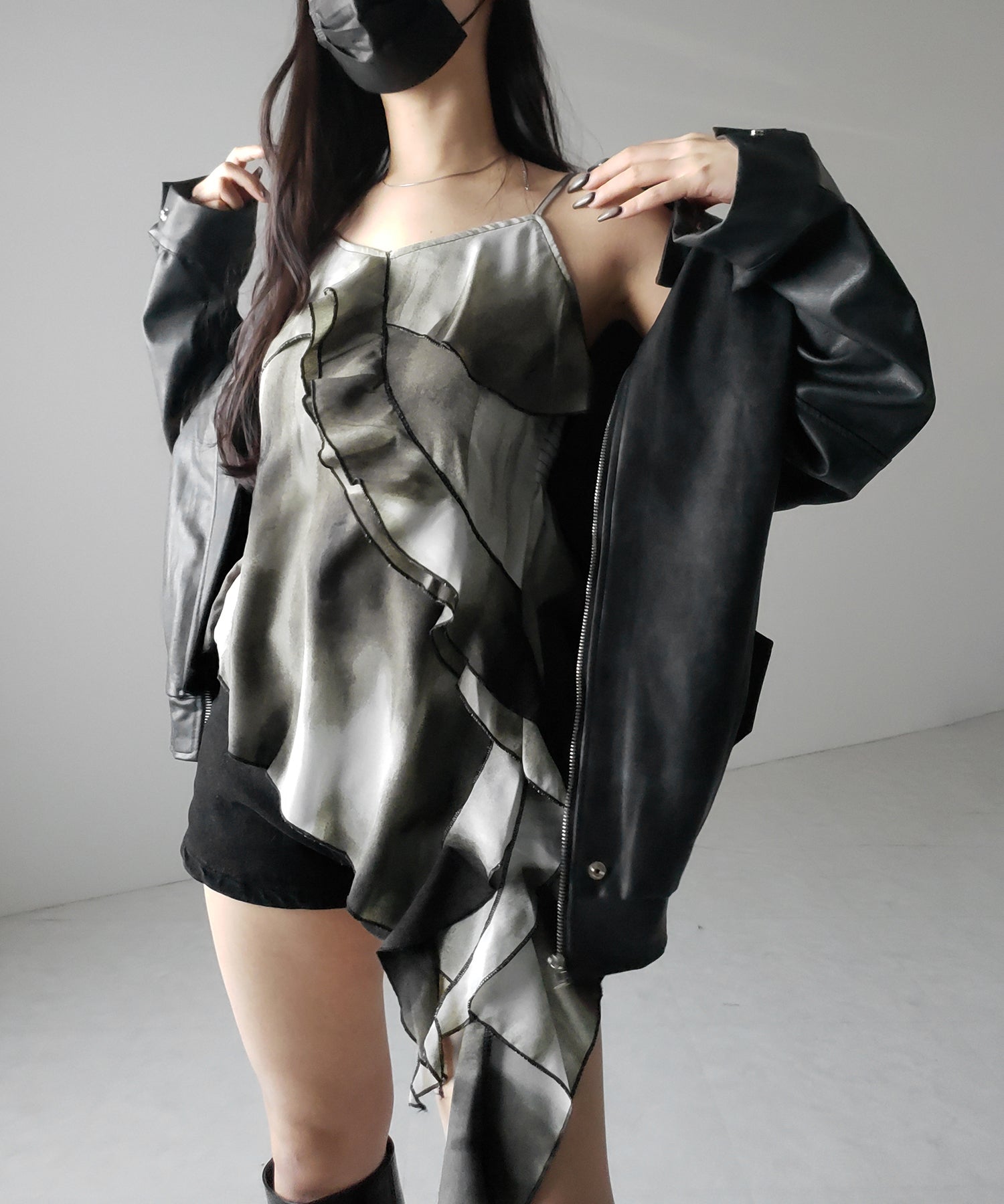 タイダイサテンアシンメトリーフリルキャミソールビスチェ ／ tiedye satin asymmetry frill camisole bustier