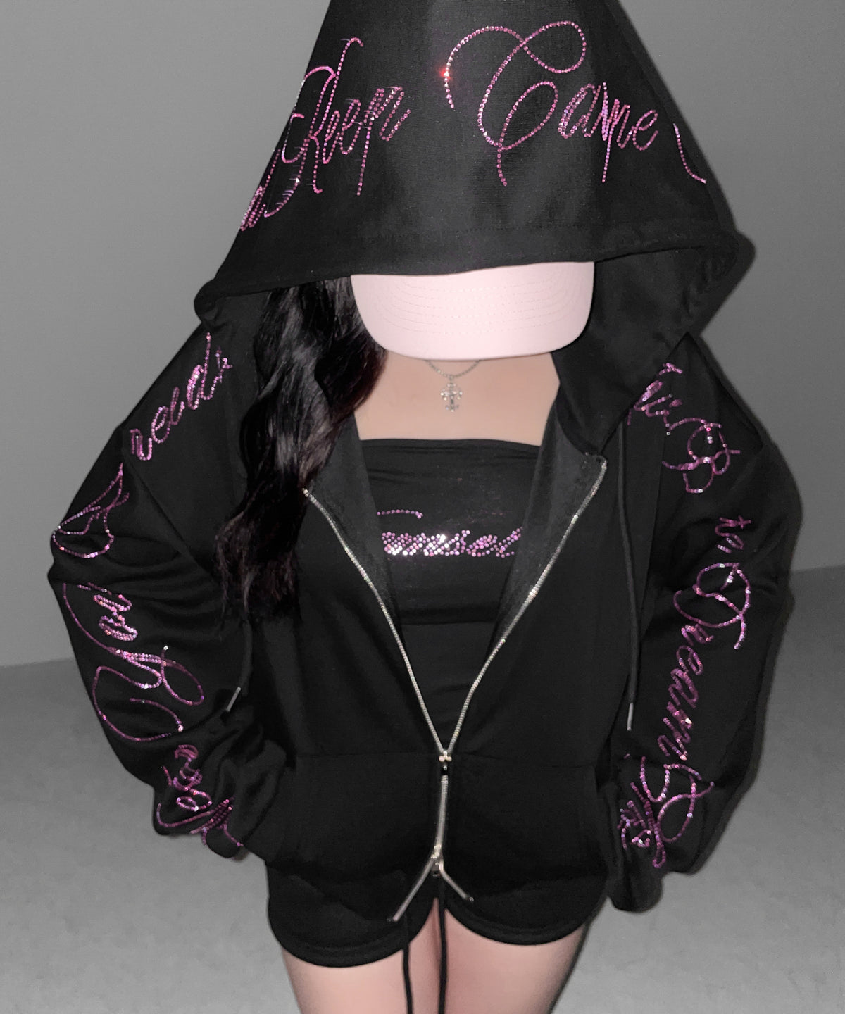 【 セットアップ可能 】ラインストーンロゴダブルジップパーカー ／ Rhine stone logo double zip hoodie