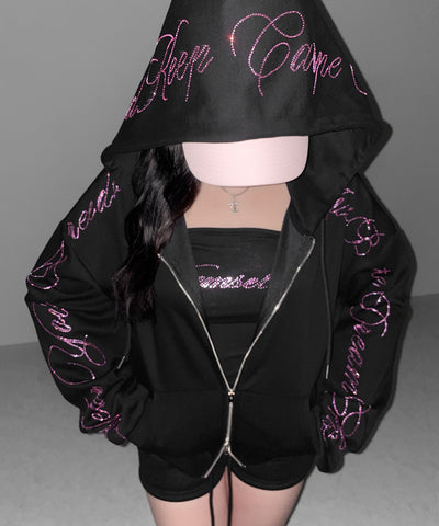 【 セットアップ可能 】ラインストーンロゴダブルジップパーカー ／ Rhine stone logo double zip hoodie
