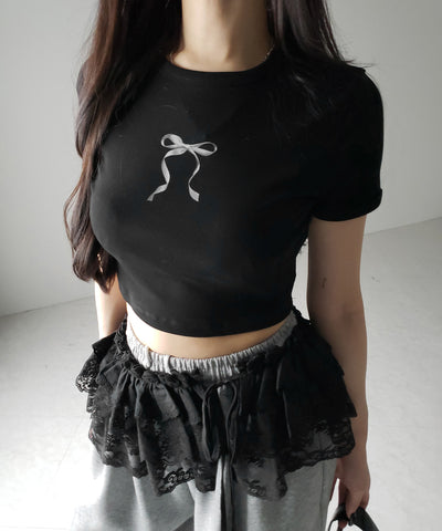 【 ２color 】ストラップリボンレースフリルミニ巻きスカート ／ strap ribbon lace frill mini wrap skirt