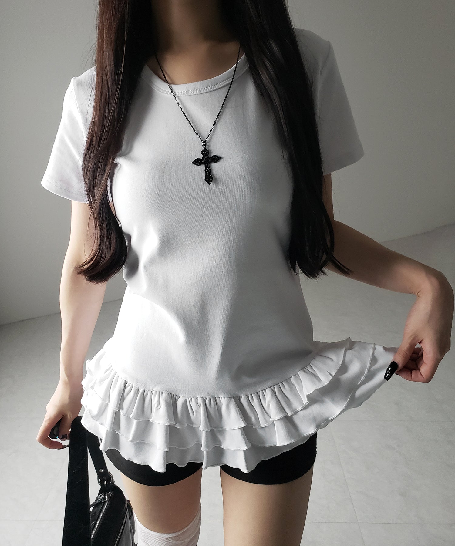 【 ２color 】裾フリルレイヤード半袖トップス ／ hem frill layered short sleeve tops